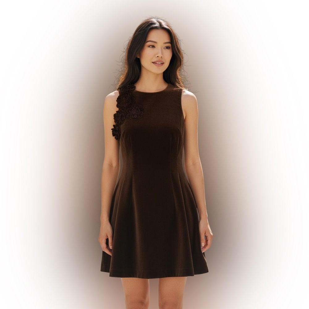 Muse by Marchesa Elm Woven Velvet 3D Rosette Round Neck Sleeveless Mini Dress 4